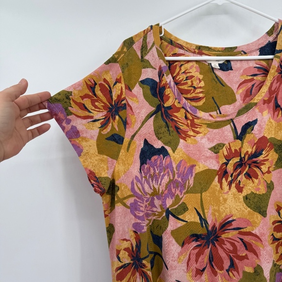 Terra Sky Dress Women 0X Pink Green Floral Short Sleeve Shirt Comfy Pockets - Picture 2 of 10